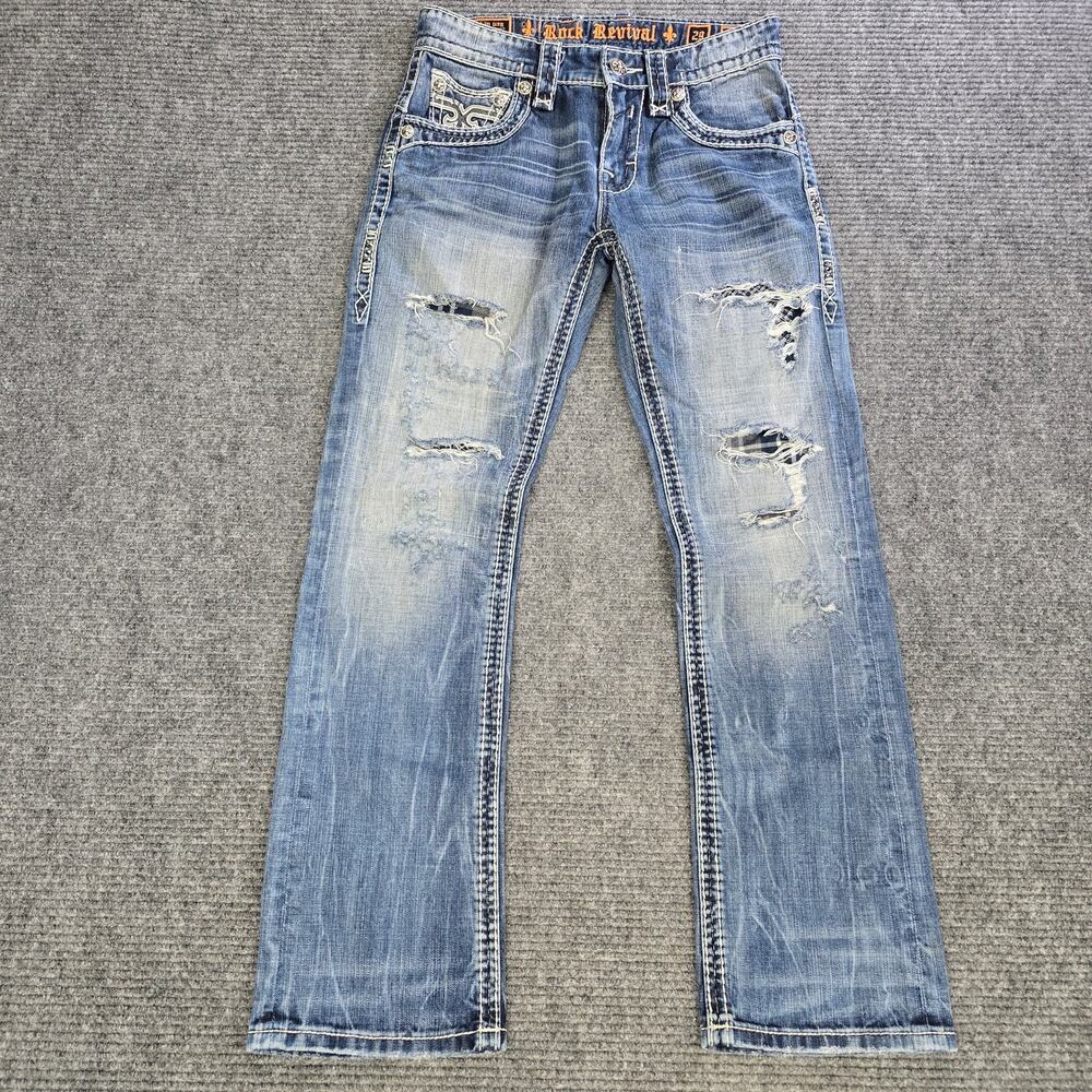 Rock Revival Warren Straight Jeans Men's 29x32 Blue Distressed Thick Stitch